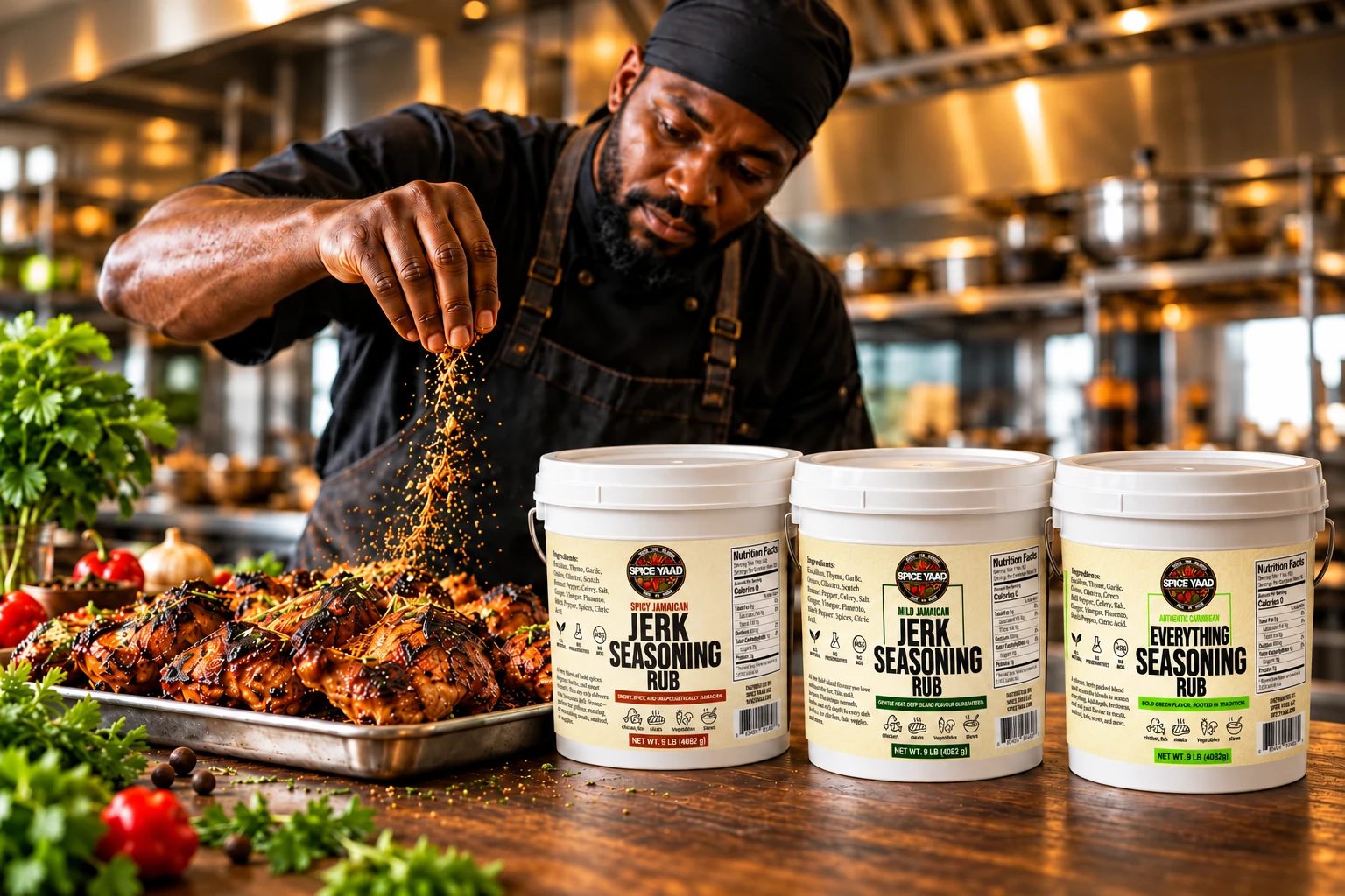 A chef seasons jerk chicken beside Spice Yaad Spicy Jerk, Mild Jerk, and Everything seasoning pails