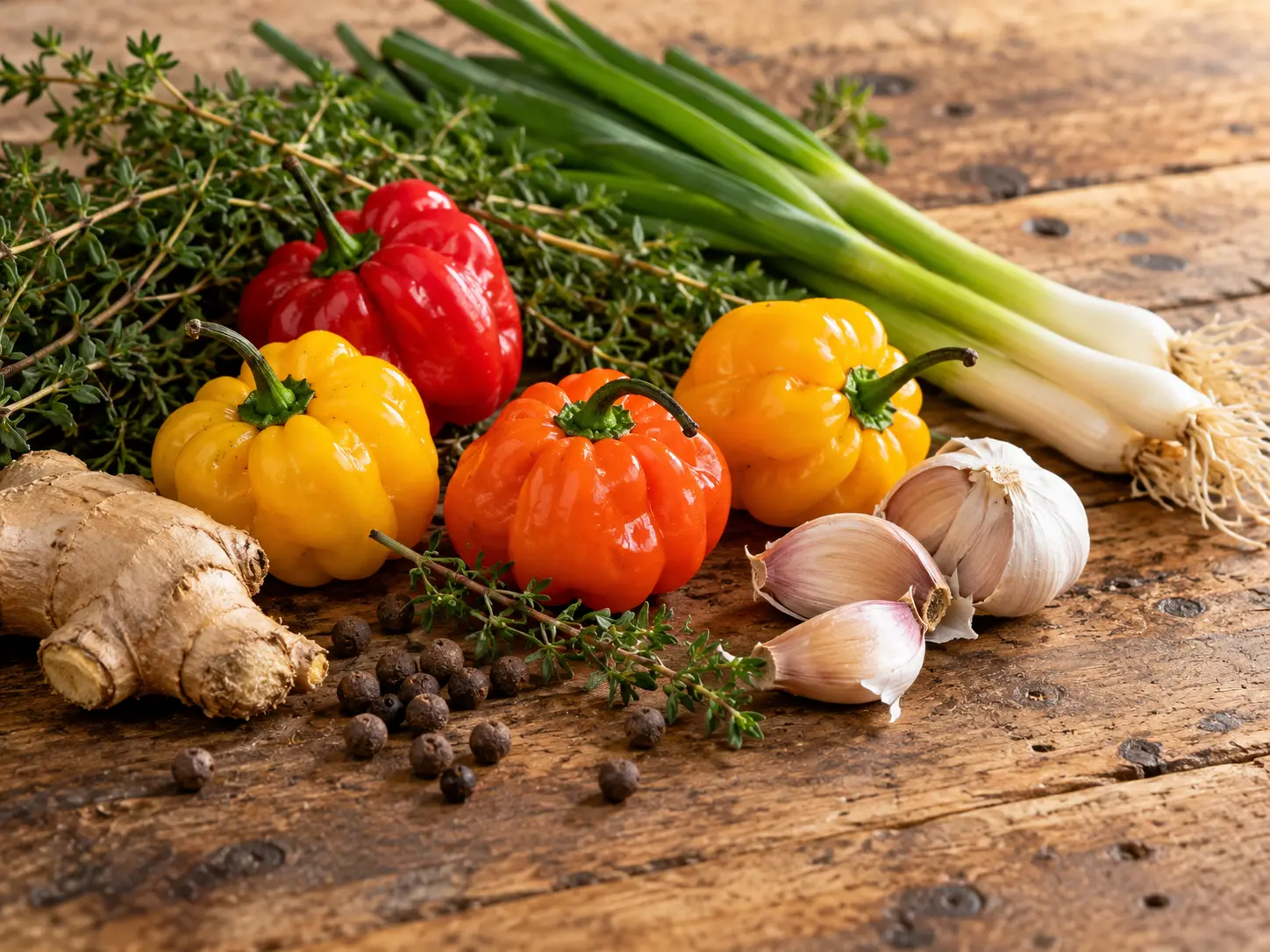 Scotch bonnet peppers, scallions, thyme, ginger, garlic and pimento