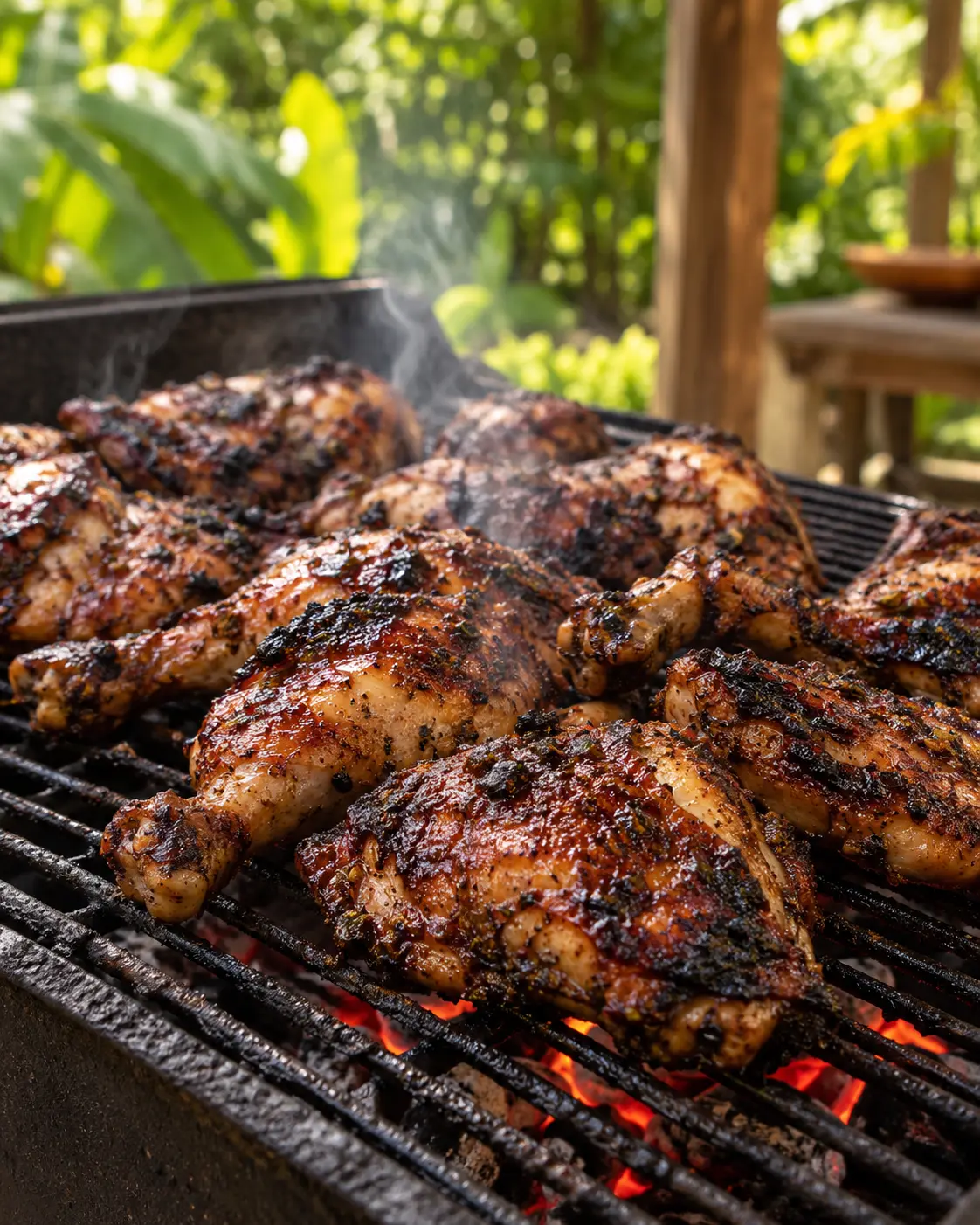 Jamaican jerk chicken cooking over a charcoal grill
